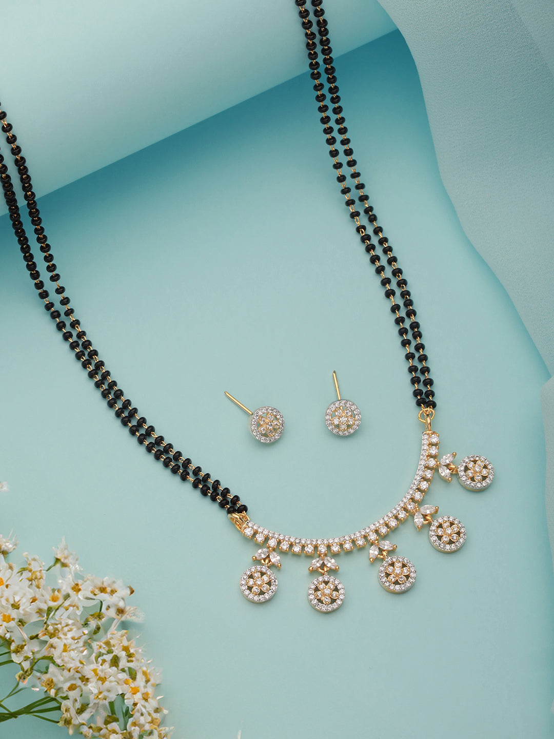 Dual Toned Black Beads CZ Studded Designer Contemporary Mangalsutra Jewellery Set